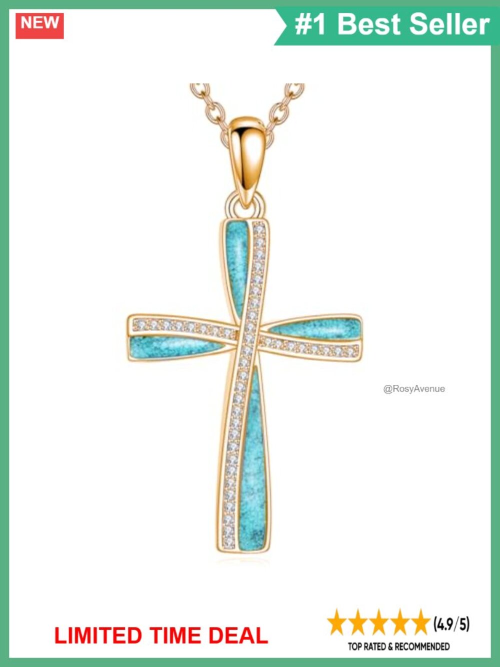 925 Sterling Silver Turquoise Cross Pendant Necklace 18k Gold Plated CZ